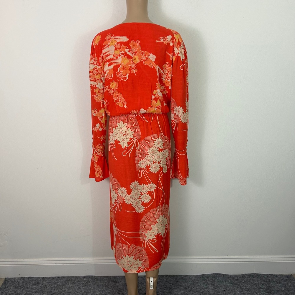 Free People Orange Floral Fan Print Button Front Midi Dress Bell Sleeve Womens M - Picture 2 of 9